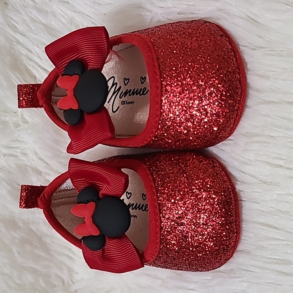 DISNEY Minnie Mouse Bow Red Glitter Infant Crib Shoes - Size 3-6M